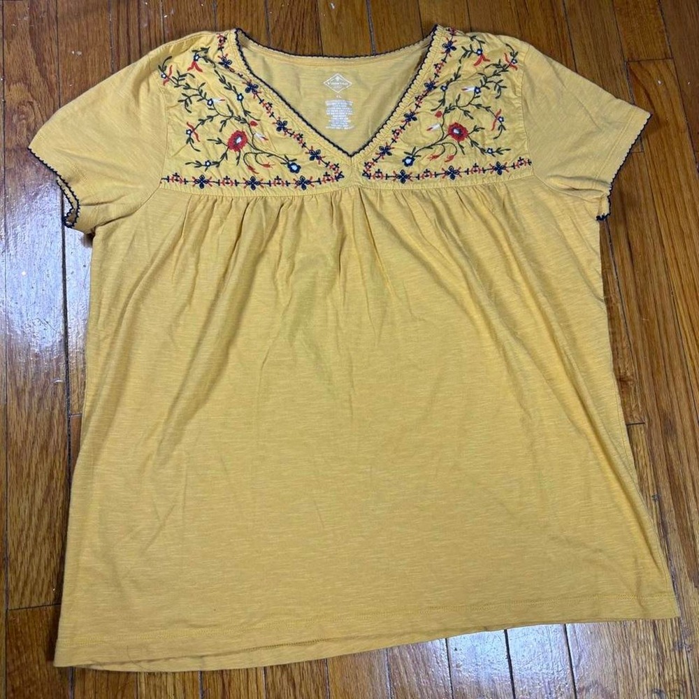 StJohnbay blouse cottagecore boho vneck embroidered floral mustard yellow sz XL